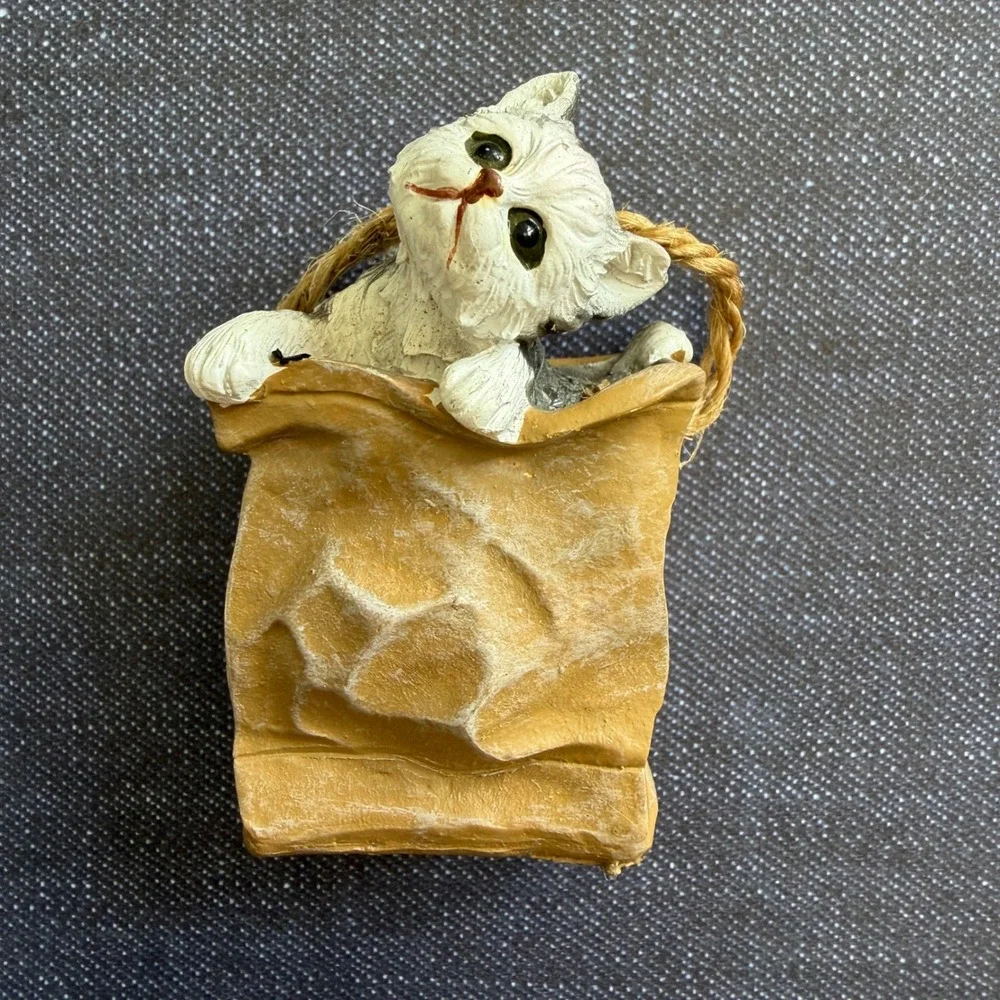 Vintage Resin Kitten in Paper Bag Figurine Ornament White Grey Cat Marked